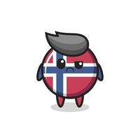 la mascota de la insignia de la bandera de noruega con cara escéptica vector