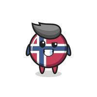 linda mascota de la insignia de la bandera de noruega con una cara optimista vector