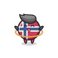 la linda caricatura de la insignia de la bandera de noruega está jugando hula hoop vector