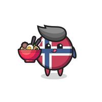 lindo personaje de insignia de la bandera de noruega comiendo fideos vector