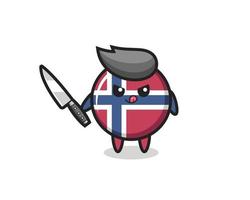 Linda mascota de la insignia de la bandera de Noruega como un psicópata sosteniendo un cuchillo vector