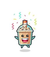 happy milkshake mascot jumping for congratulation with colour confetti vector