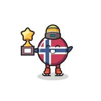 dibujos animados de la insignia de la bandera de noruega como un jugador de patinaje sobre hielo sostiene el trofeo del ganador vector