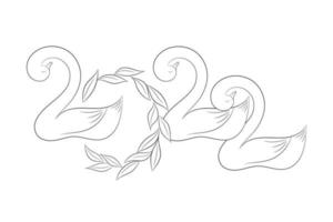 New 2022 year in the form of swans. Black sketch line art. Hand drawn vector