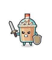 cute milkshake soldier fighting with sword and shield vector