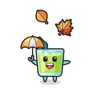 cartoon of the cute melon juice holding an umbrella in autumn vector