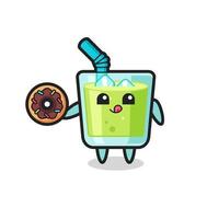 illustration of an melon juice character eating a doughnut vector