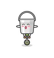 The cute metal bucket character is riding a circus bike vector