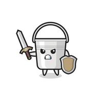 cute metal bucket soldier fighting with sword and shield vector