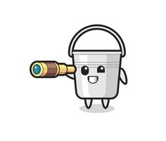 cute metal bucket character is holding an old telescope vector