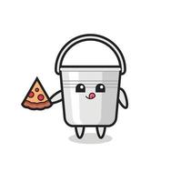 cute metal bucket cartoon eating pizza vector