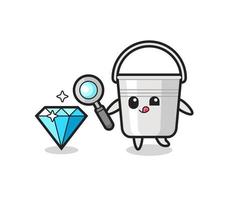 La mascota del cubo de metal está comprobando la autenticidad de un diamante. vector