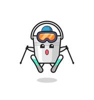 Personaje de mascota de cubo de metal como jugador de esquí. vector