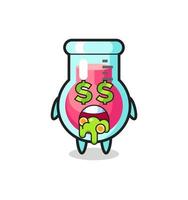 Personaje de vaso de laboratorio con una expresión de locura por el dinero. vector