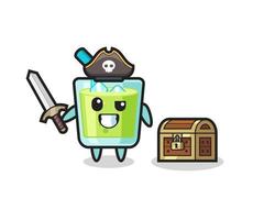 the melon juice pirate character holding sword beside a treasure box vector