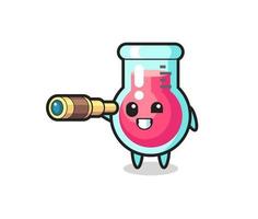 cute laboratory beaker character is holding an old telescope vector