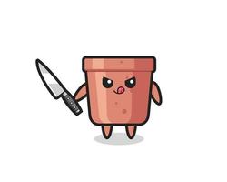 cute flowerpot mascot as a psychopath holding a knife vector