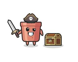 the flowerpot pirate character holding sword beside a treasure box vector