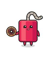 illustration of an dynamite character eating a doughnut vector