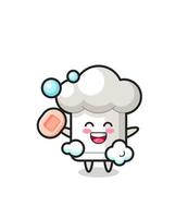 chef hat character is bathing while holding soap vector