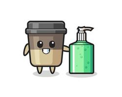 cute coffee cup cartoon with hand sanitizer vector