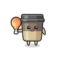 coffee cup cute mascot is eating a fried chicken vector