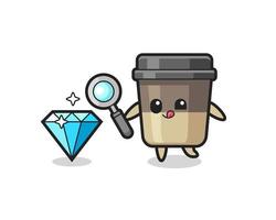 mascota de la taza de café está comprobando la autenticidad de un diamante vector