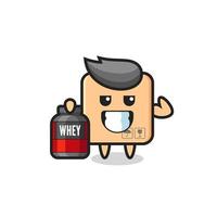 the muscular cardboard box character is holding a protein supplement vector