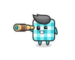 cute checkered tablecloth character is holding an old telescope vector