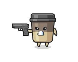 el lindo personaje de la taza de café dispara con una pistola vector