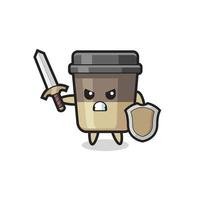 cute coffee cup soldier fighting with sword and shield vector