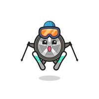 Personaje de mascota de rueda de coche como jugador de esquí. vector