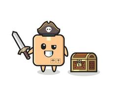 el personaje pirata de la caja de cartón que sostiene la espada al lado de una caja del tesoro vector