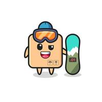 Illustration of cardboard box character with snowboarding style vector