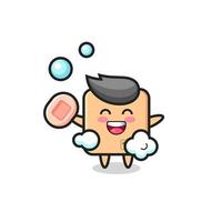 cardboard box character is bathing while holding soap vector