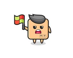 cardboard box character as line judge putting the flag up vector