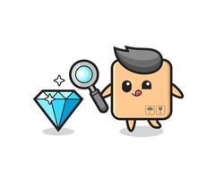 La mascota de la caja de cartón está comprobando la autenticidad de un diamante. vector