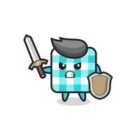 cute checkered tablecloth soldier fighting with sword and shield vector