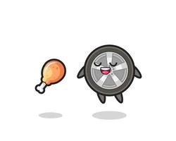 cute car wheel floating and tempted because of fried chicken vector