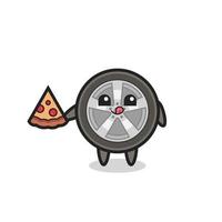 cute car wheel cartoon eating pizza vector