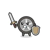 cute car wheel soldier fighting with sword and shield vector