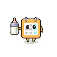 baby calendar cartoon character with milk bottle vector