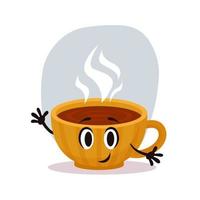 feliz verctor de dibujos animados amarillo taza de té caliente. taza de cerámica pequeña y acogedora vector