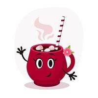 Ilustración de taza roja de Navidad plana de divertidos dibujos animados. cacao caliente vector