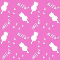 Cute seamless pattern with cats, steps and mew quote. Pink and white vector