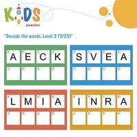 Decode the hidden words. Easy logical printable worksheet for kids vector