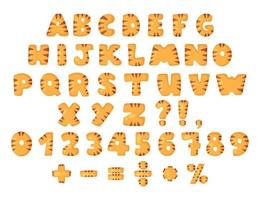 Hand drawn cartoon alphabet letters and numbers set with tiger pattern vector