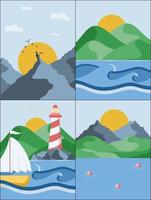 Posters of different landscapes views on sea, mountains, and hills vector