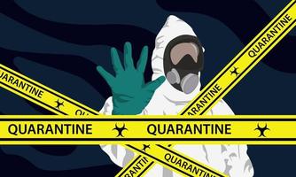 Man in protective white hazmat suit with hand raised stop concept. vector