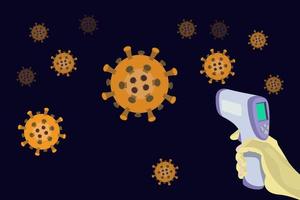 infrared laser thermometer and corona virus on dark blue background. vector